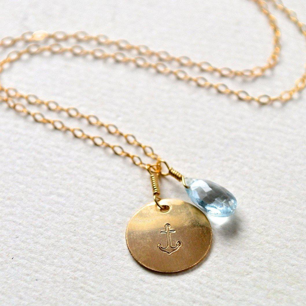 Anchor Necklace - handmade nautical anchor charm necklace with aquamarine - Foamy Wader