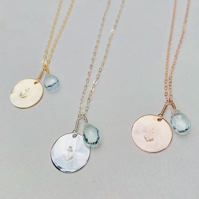 Anchor Necklace - handmade nautical anchor charm necklace with aquamarine - Foamy Wader