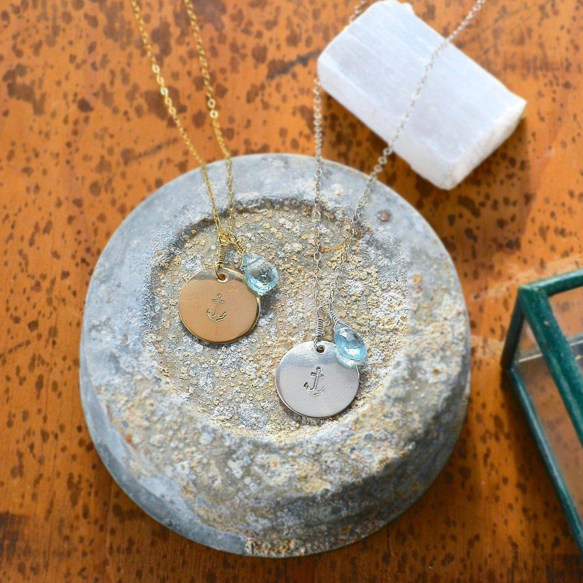 Anchor Necklace - handmade nautical anchor charm necklace with aquamarine - Foamy Wader