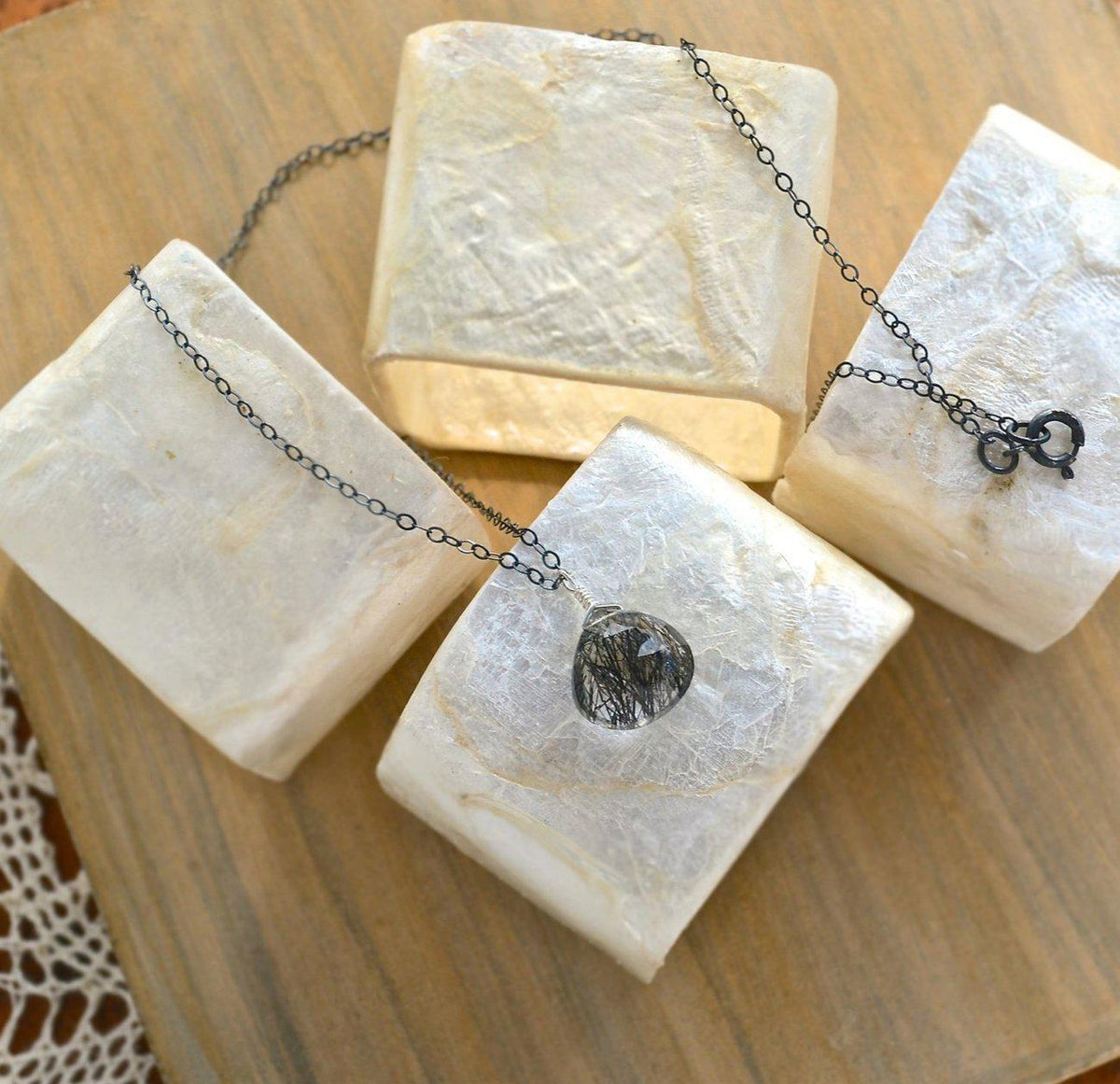 Black Sea Necklace - black striped tourmalinated quartz solitaire necklace - Foamy Wader