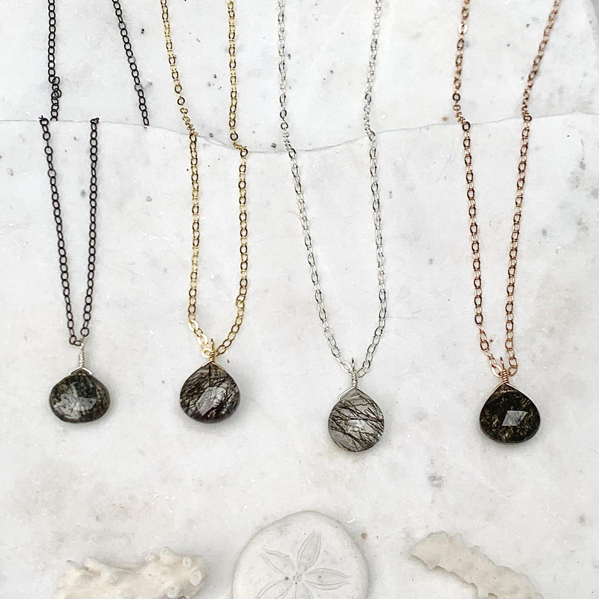 Black Sea Necklace - black striped tourmalinated quartz solitaire necklace - Foamy Wader