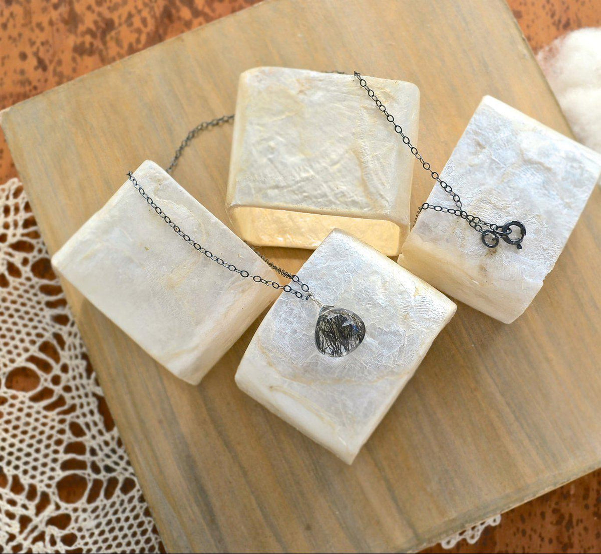 Black Sea Necklace - black striped tourmalinated quartz solitaire necklace - Foamy Wader