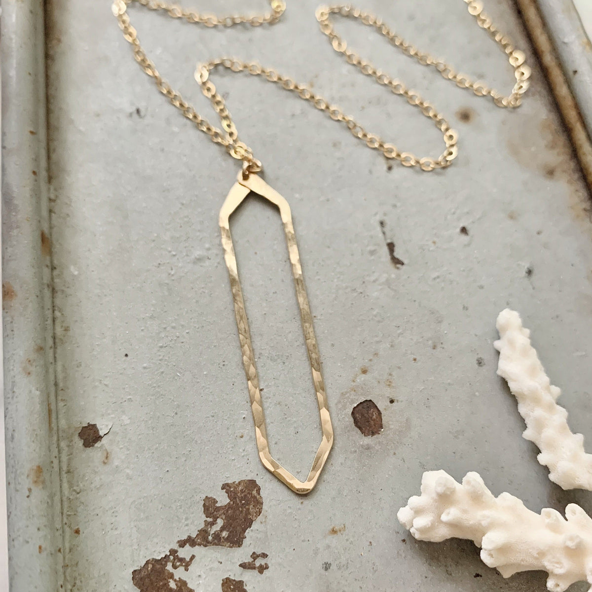 Boardwalk Necklace - hammered long hexagon silhouette pendant necklace - Foamy Wader