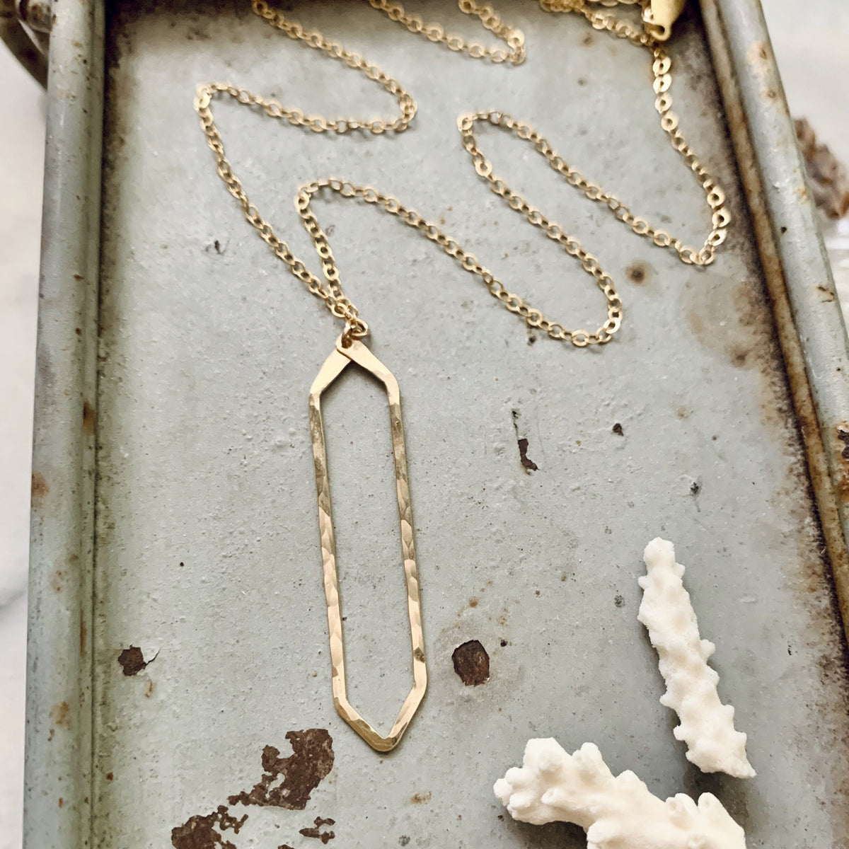 Boardwalk Necklace - hammered long hexagon silhouette pendant necklace - Foamy Wader
