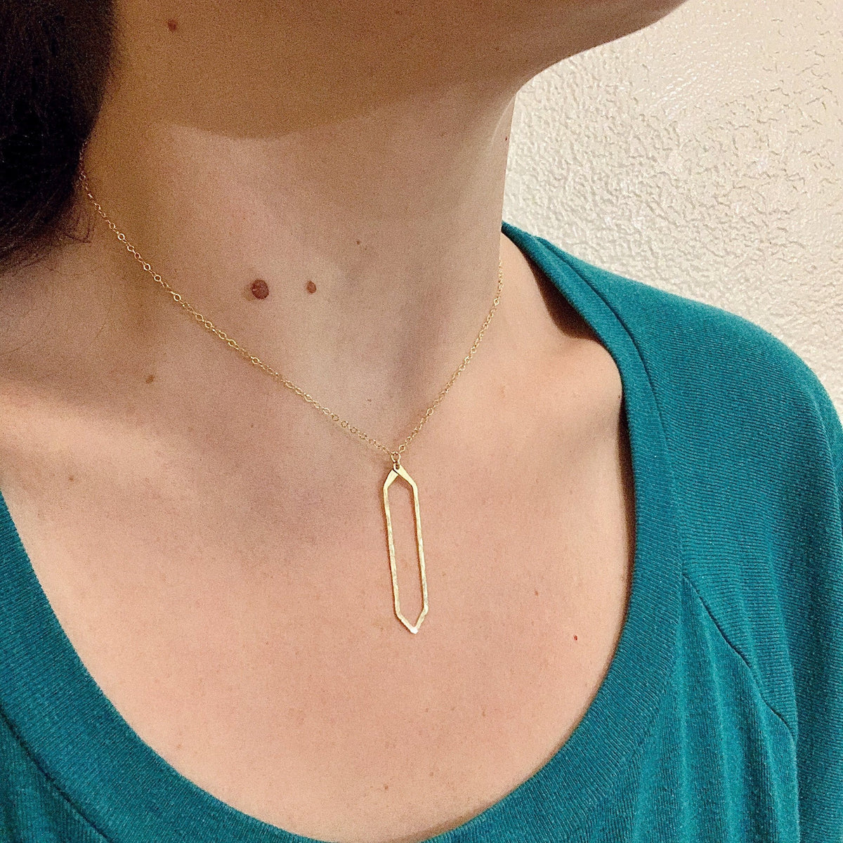 Boardwalk Necklace - hammered long hexagon silhouette pendant necklace - Foamy Wader