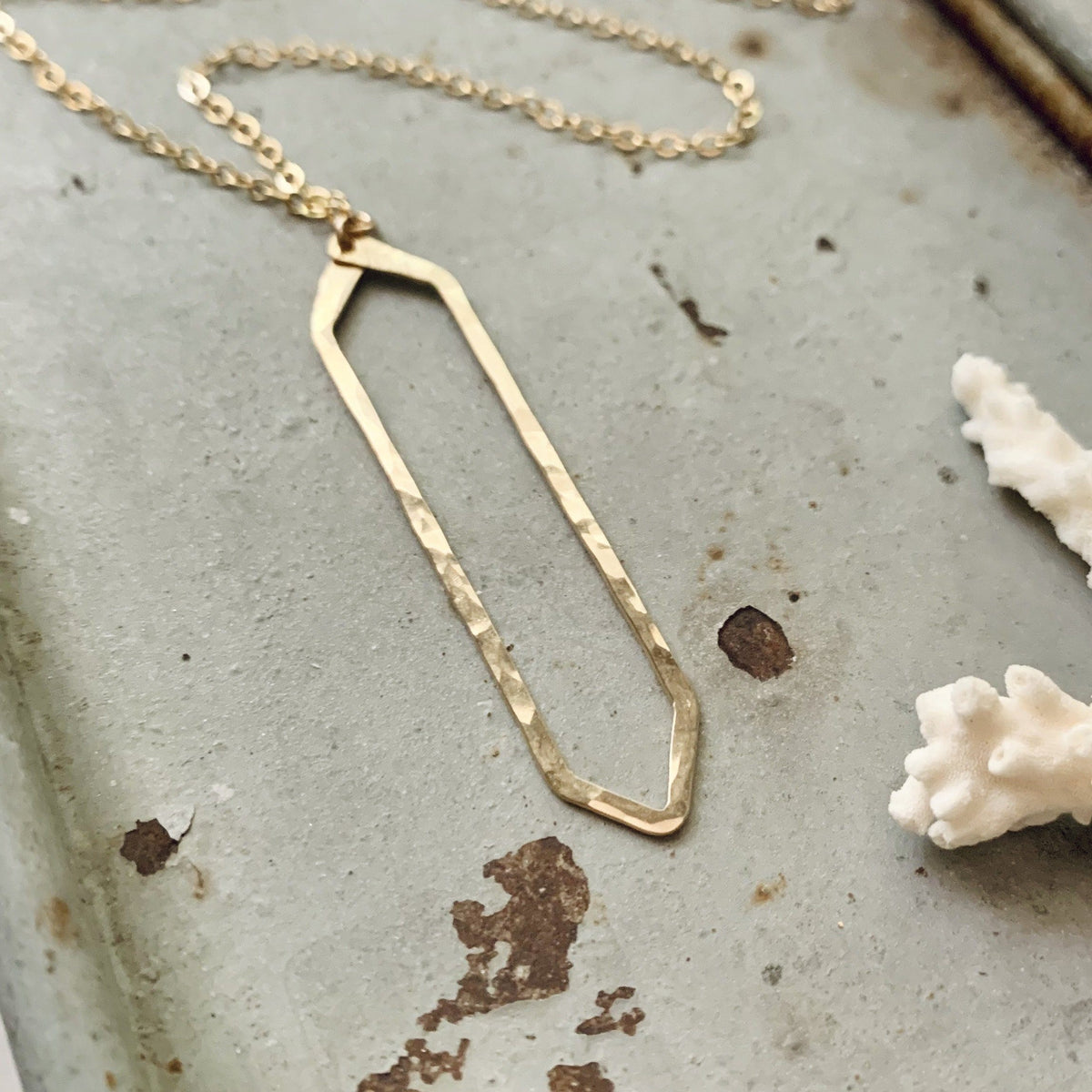 Boardwalk Necklace - hammered long hexagon silhouette pendant necklace - Foamy Wader