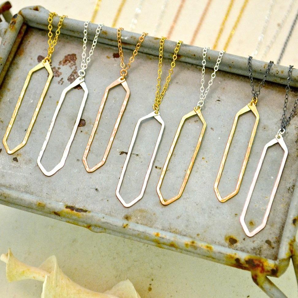 Boardwalk Necklace - hammered long hexagon silhouette pendant necklace - Foamy Wader