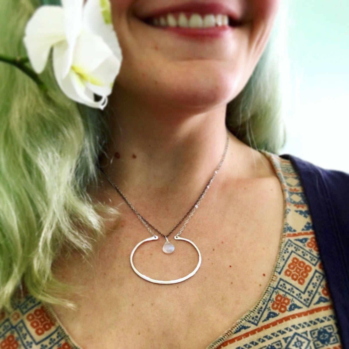 Canoe Necklace - handmade oval hammered boating pendant necklace - Foamy Wader