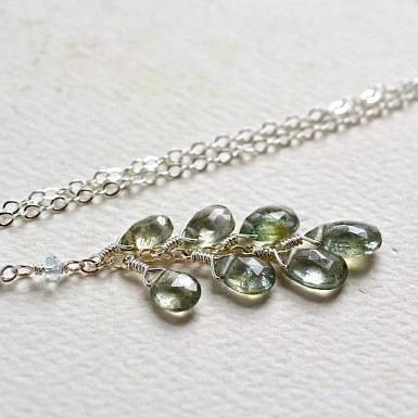 Cascades Necklace - teal moss aquamarine gemstone tendril dangle necklace in gold or silver - Foamy Wader