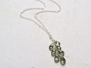 Cascades Necklace - teal moss aquamarine gemstone tendril dangle necklace in gold or silver - Foamy Wader