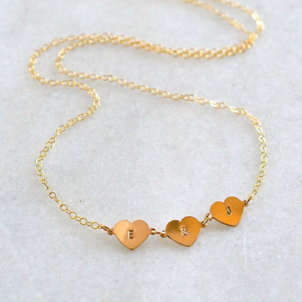 Connected Hearts Necklace - handmade linked triple heart charm necklace with initials - Foamy Wader