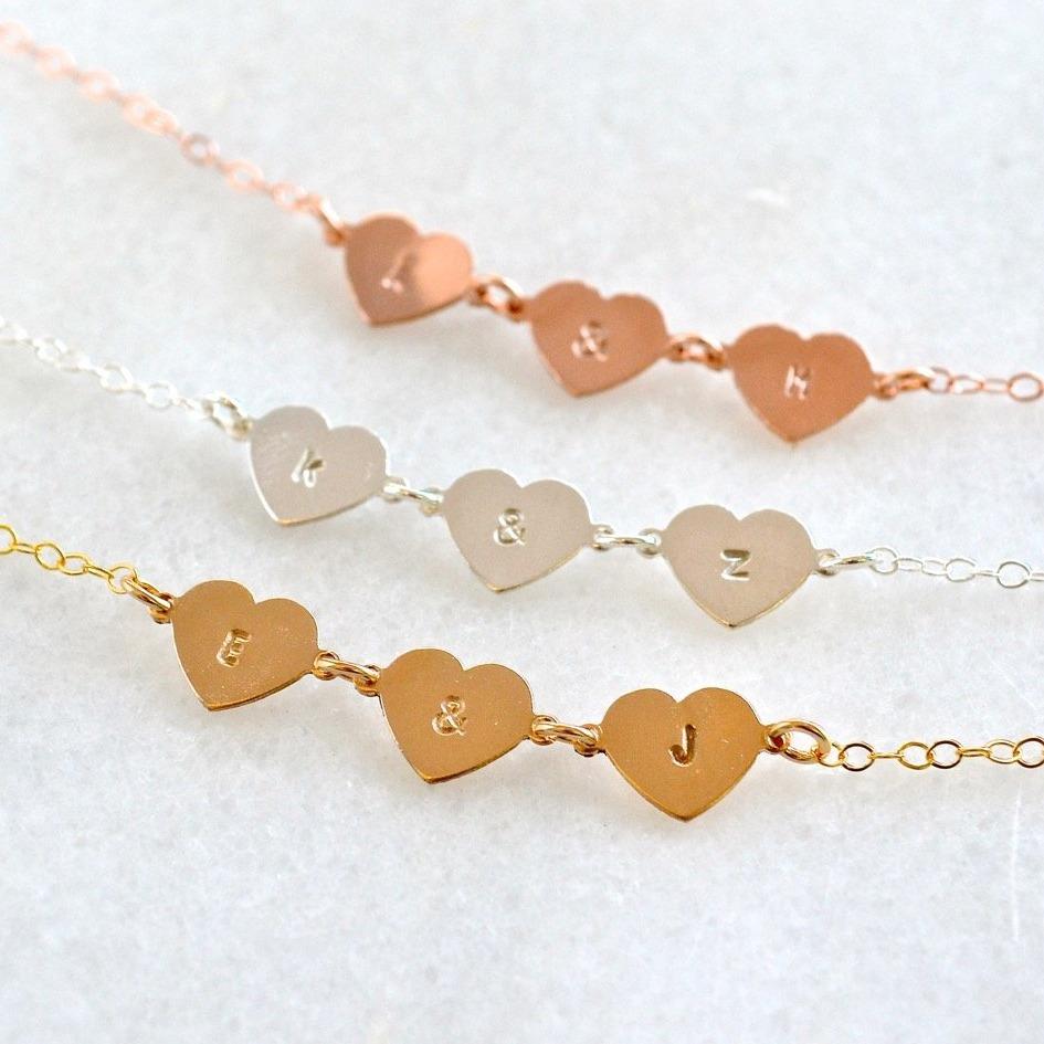 Connected Hearts Necklace - handmade linked triple heart charm necklace with initials - Foamy Wader
