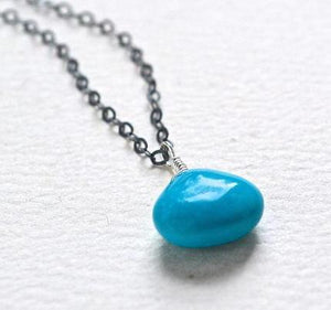 Cozumel Necklace - blue turquoise gemstone solitaire necklace in 14k gold - Foamy Wader