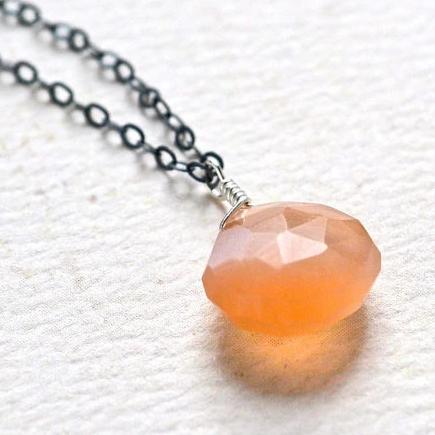 Dusk Necklace - peach moonstone gemstone solitaire necklace in 14k gold - Foamy Wader