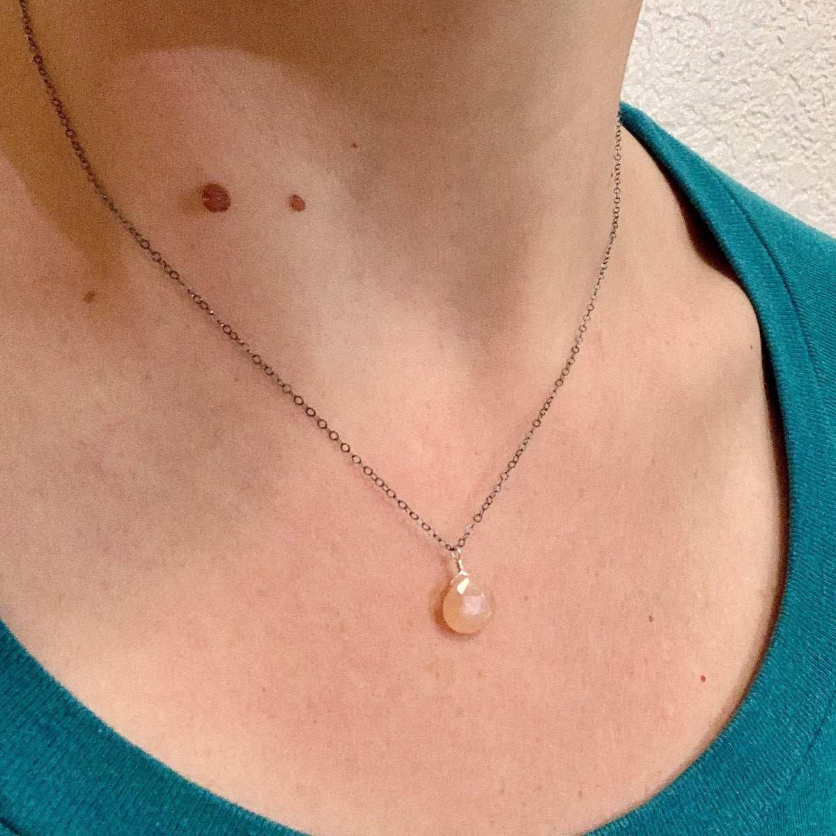 Dusk Necklace - peach moonstone gemstone solitaire necklace in 14k gold - Foamy Wader