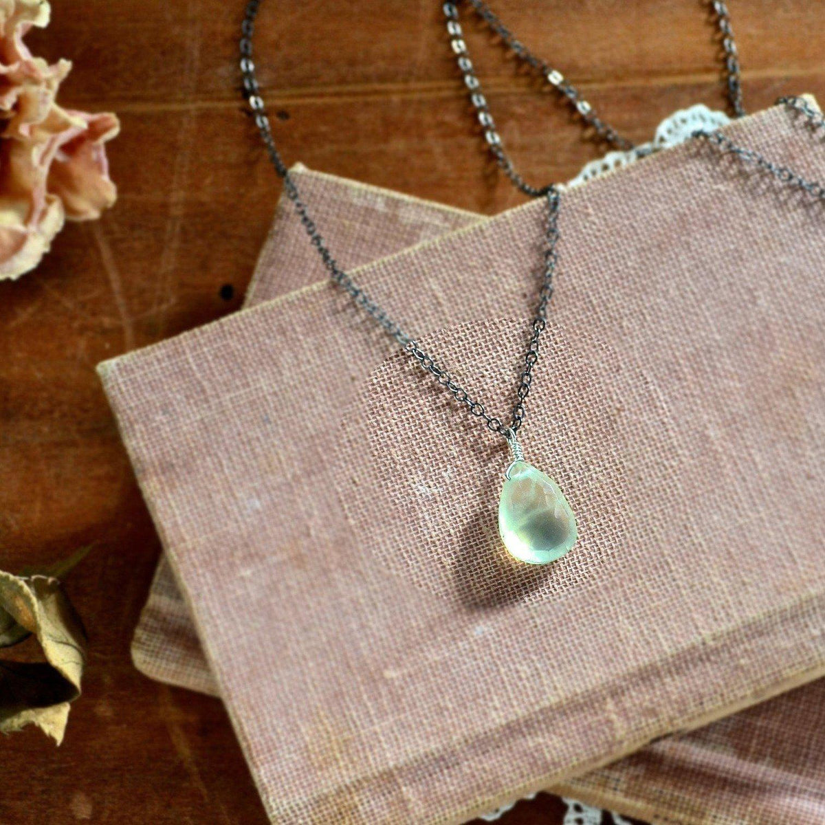Greens Necklace - lemongrass green prehnite solitaire necklace - Foamy Wader
