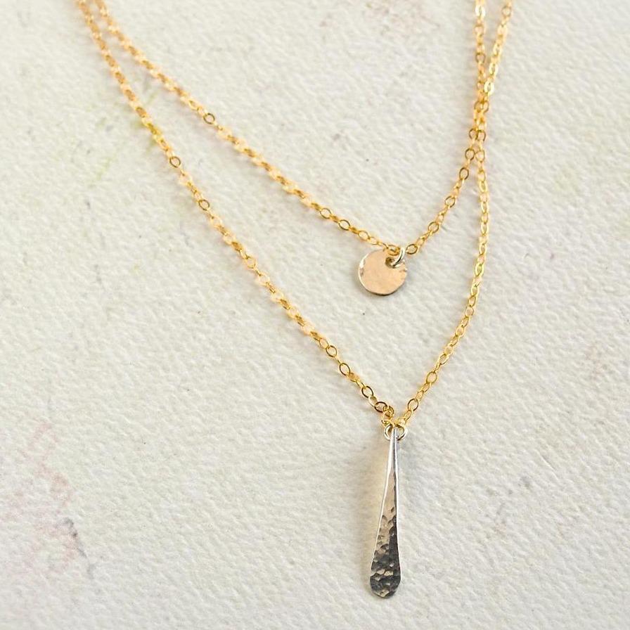 Oar Necklace - handmade double strand necklace with hammered circle and paddle charms - Foamy Wader