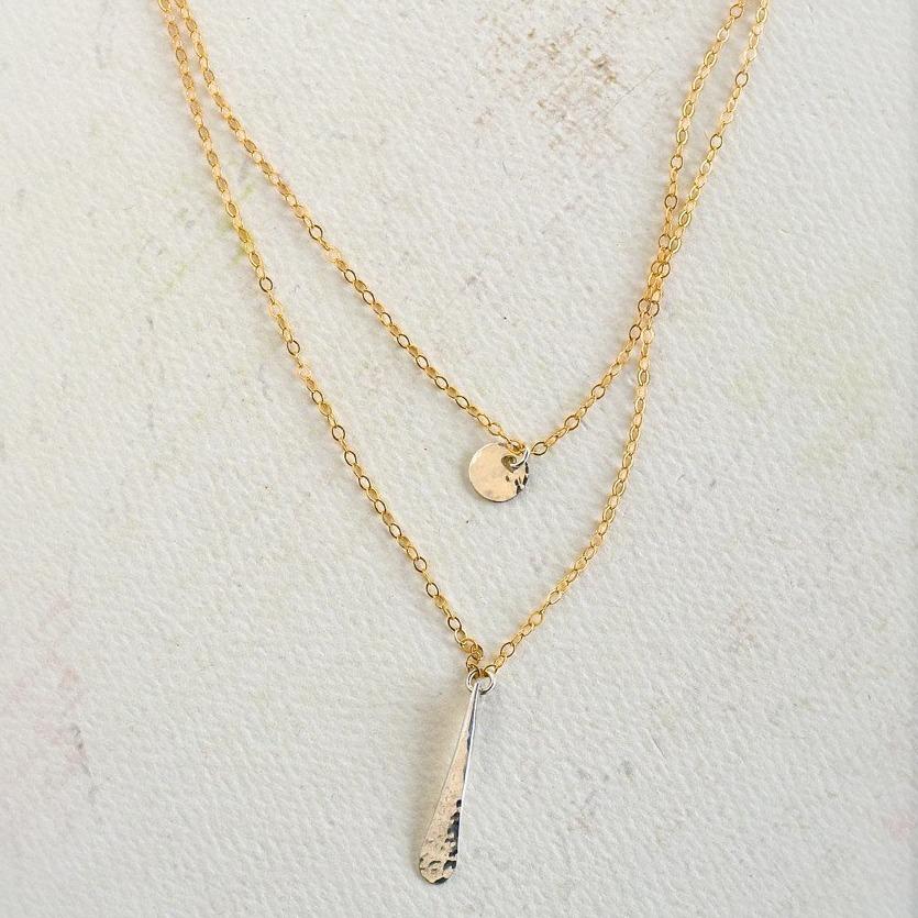 Oar Necklace - handmade double strand necklace with hammered circle and paddle charms - Foamy Wader