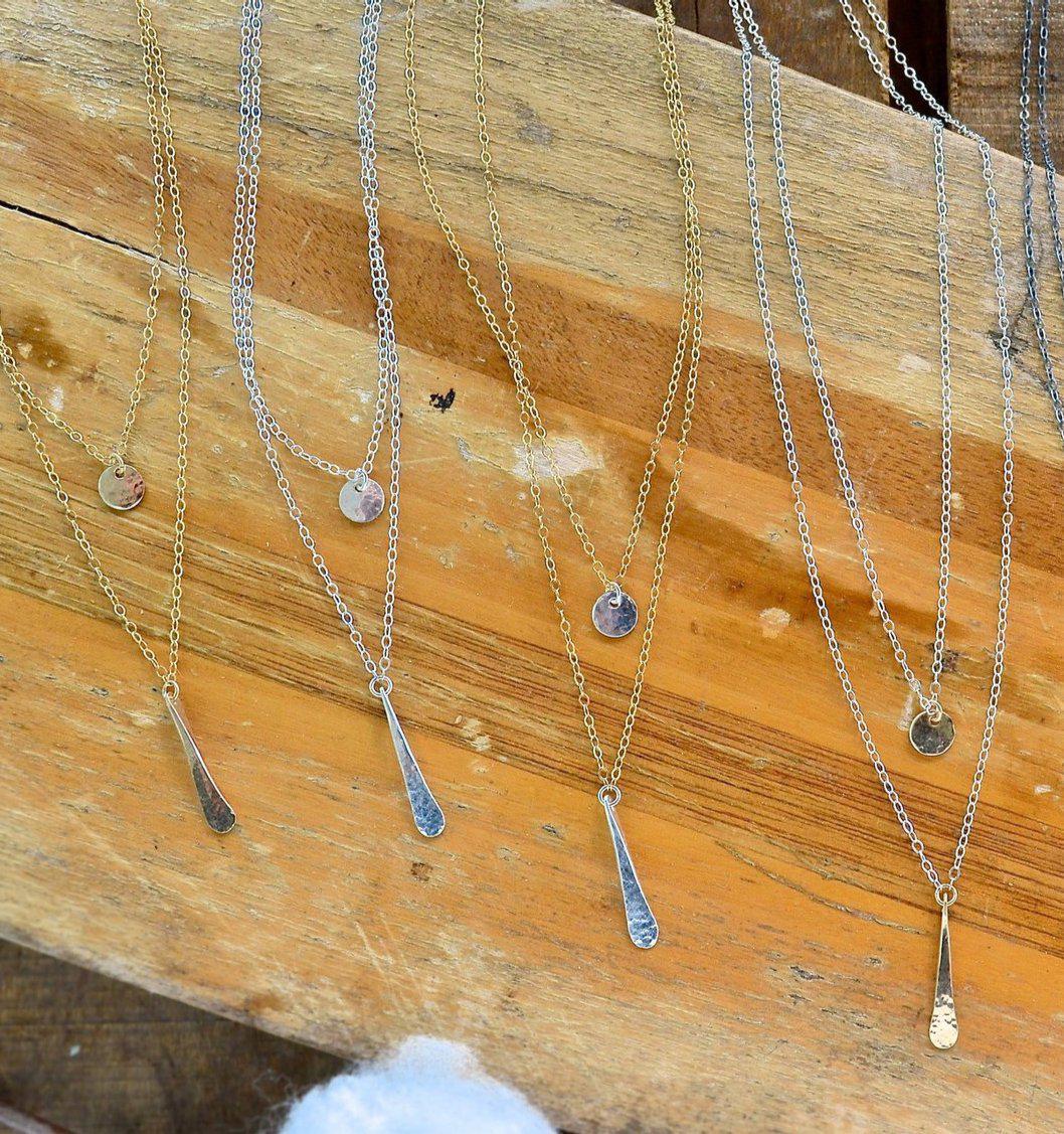 Oar Necklace - handmade double strand necklace with hammered circle and paddle charms - Foamy Wader
