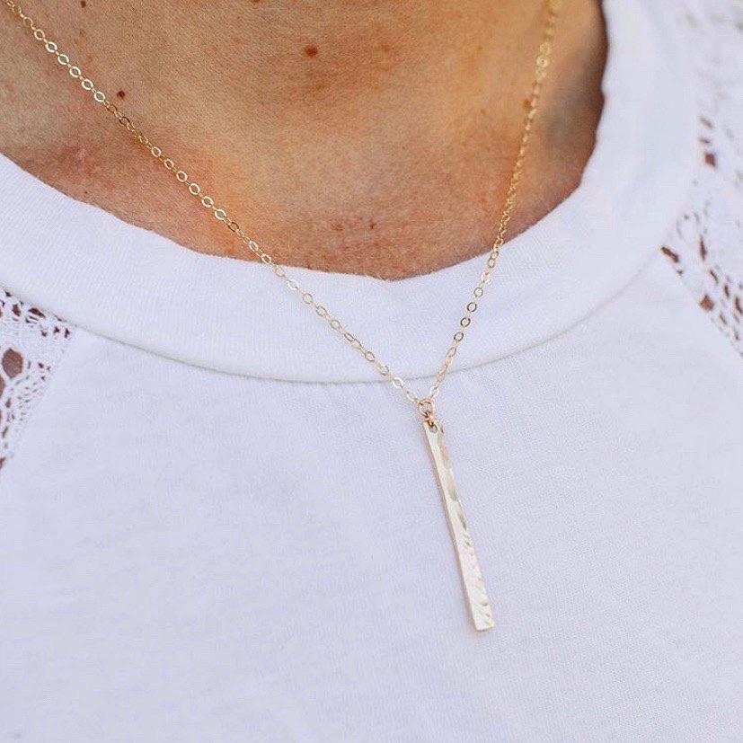 Pillar Necklace - sleek dappled bar pendant necklace in solid 14k gold - Foamy Wader