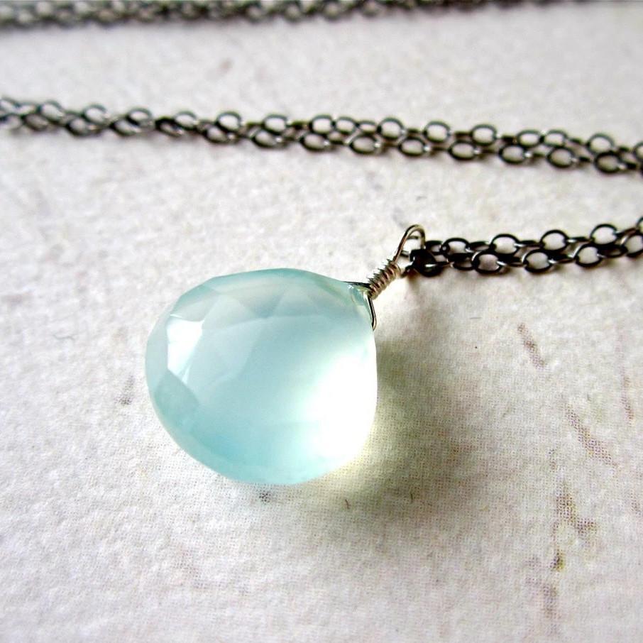Sayuri Necklace - aqua blue chalcedony gemstone solitaire necklace - Foamy Wader