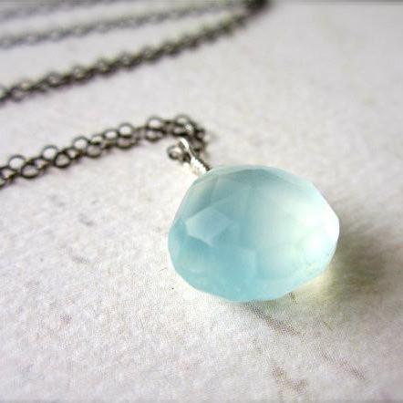 Sayuri Necklace - aqua blue chalcedony gemstone solitaire necklace - Foamy Wader
