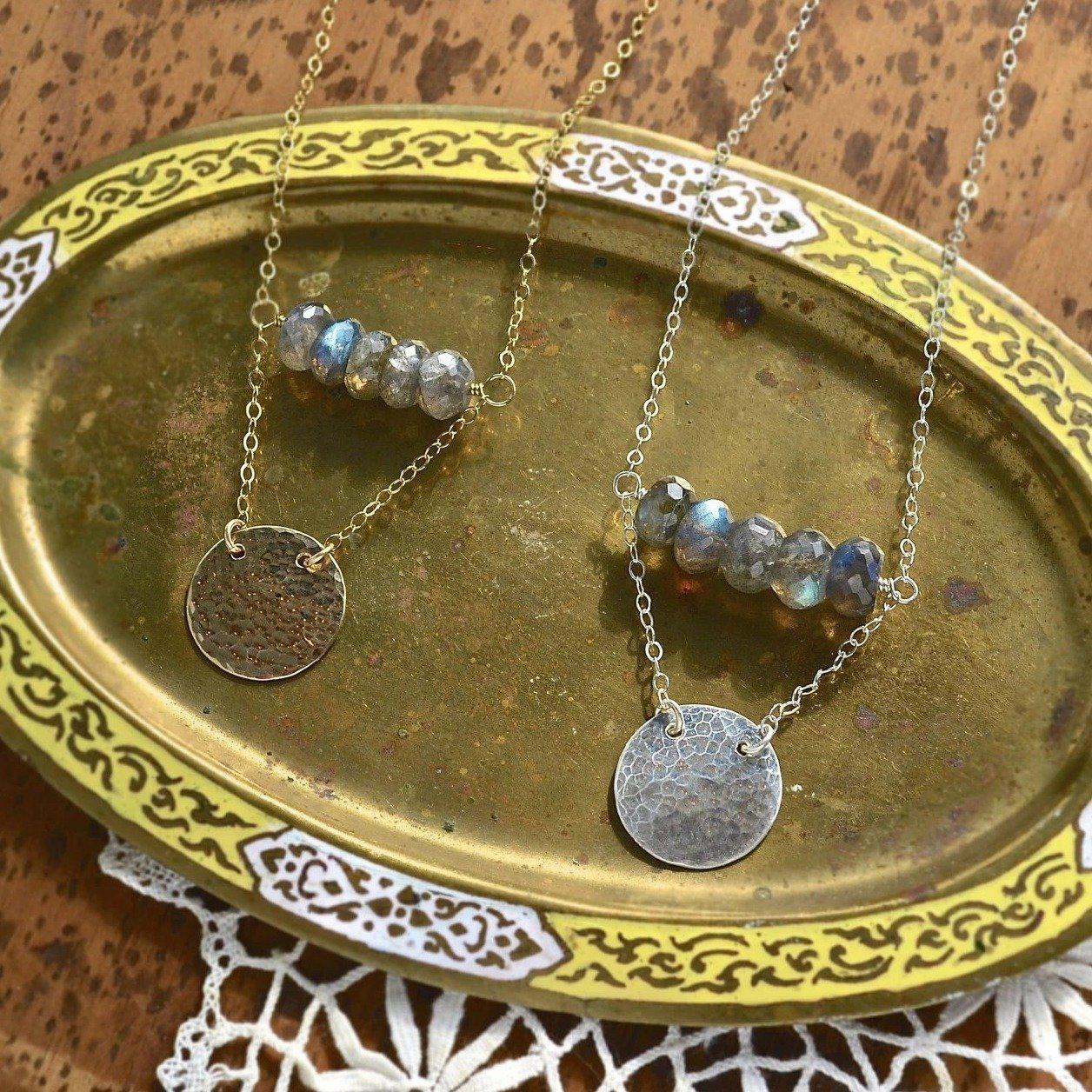 Sun and Moon Necklace - handmade layered circle and gemstone necklace with labradorite and moonstone - Foamy Wader