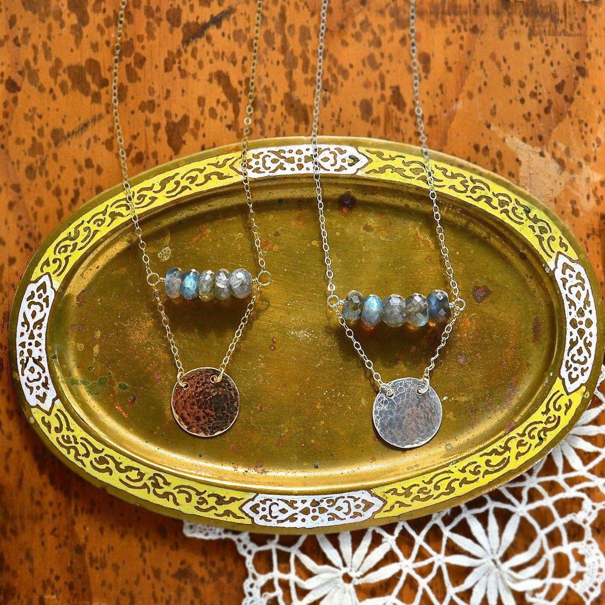 Sun and Moon Necklace - handmade layered circle and gemstone necklace with labradorite and moonstone - Foamy Wader