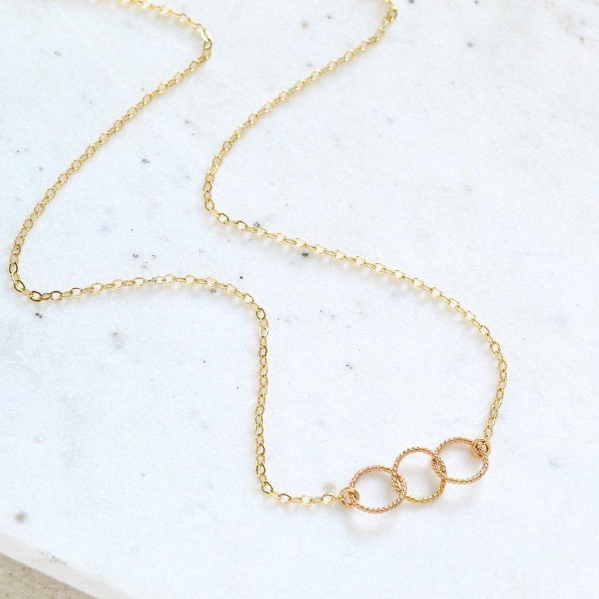 Trio Necklace - handmade interlocking three circle necklace in 14k gold - Foamy Wader
