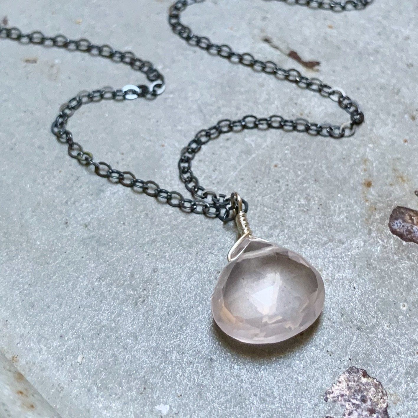 Vie en Rose Necklace - blush pink rose quartz gemstone solitaire necklace - Foamy Wader