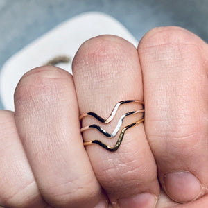 Chevron Ring - handmade precious metal hammered chevron peak stacking ring - Foamy Wader