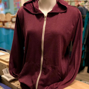 Heathered maroon unisex tri-blend hooded sweatshirt showing from the zippered front. 