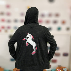 Heathered gray lightweight hoodie with a roller skating unicorn screenprinted on the back in white and hot pink. 